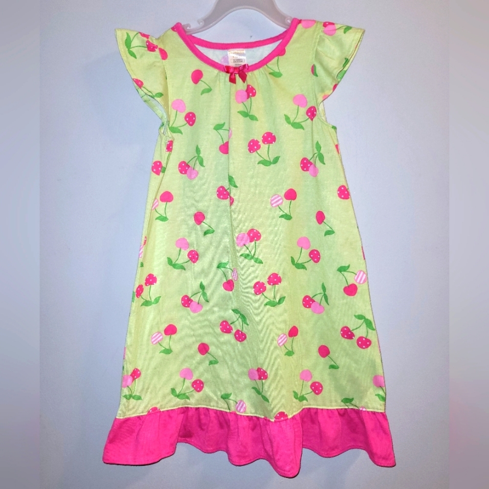 🍒 Vintage Gymboree Green Pink Cherry Print Nightie Sleepwear Nightgown Girl 5 6